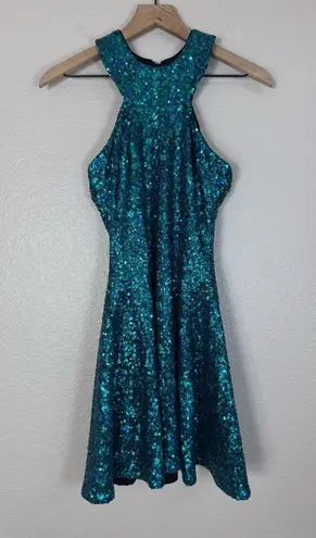 Dress the Population Teal Sequined Sequin Mini Halter Skater Dress size Small