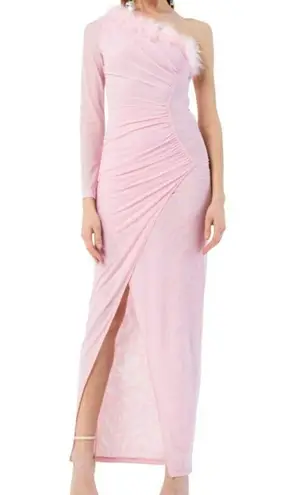 KikiRiki Feathered One Shoulder Front Slit Long Dress Pink Size Small NWT