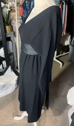 Vintage Jean Allen black dress knee length belt tie back dolman long sleeves Size M