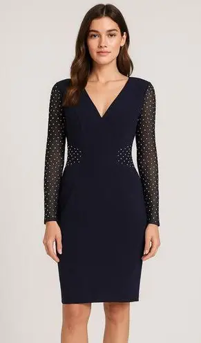 Cachet Navy Blue Sheath Dress Sz 12 Rhinestone Mesh Long Sleeve Cocktail Party