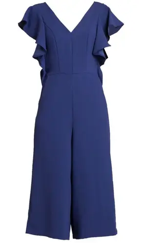 Rachael Roy Cropped Jumpsuit Womens Navy Ruffled Sleeves V Neck Size XS NEW Blue