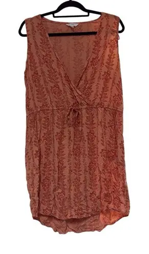 Time and Tru XL Orange Floral Print Deep V Elastic Tie Waist Mini Dress Pockets