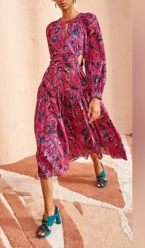 Ulla Johnson Helia Ruched Print Cotton Midi Dress Pink Snapdragon Size 2 Cut Out