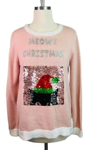 Holiday Time MEOWY CHRISTMAS INTERCHANGEABLE SEQUIN CAT PINK KNIT SWEATER WOMEN SIZE SMALL