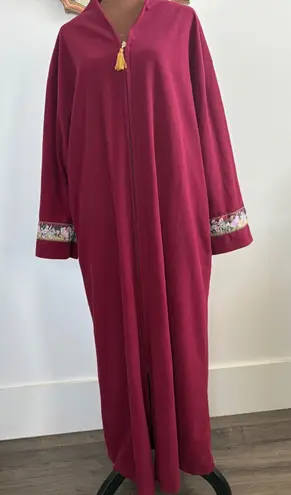 Vanity Fair Long Robe Burgundy Floral Trim Tassel Zip Front Lounge House Coat - Image 1