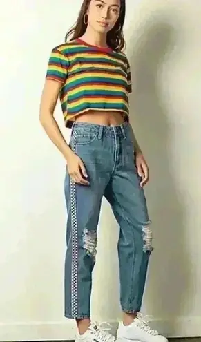 Empyre Eileen Checkered Striped Medium Wash Mom Jeans Size 0 Zumiez Distressed