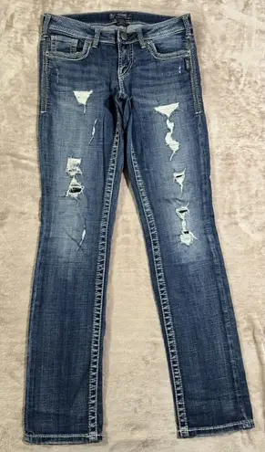 Silver Jeans Silver Aiko Women's Straight Low Rise Blue Denim Distressed Size 29