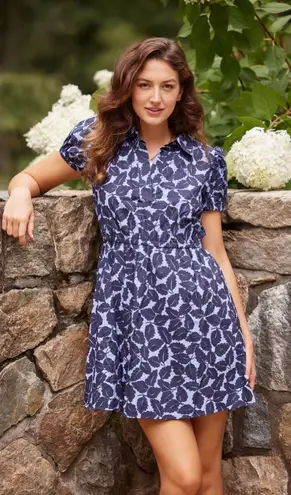 Sail To Sable  Autumn Leaf Print Puff Sleeve Shirt Dress - Hydrangea/Navy Size L - Image 1