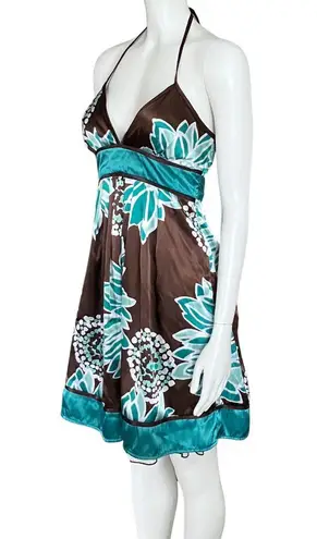 Vintage Y2K Brown Teal Floral Halter Satin Party Dress. XS. Girlhoodcore Fairy