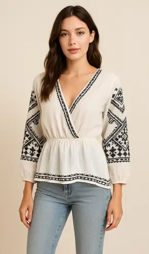 Christina V Women’s White Black Embroidered Boho Peasant Blouse Size M Sheer Top Size M