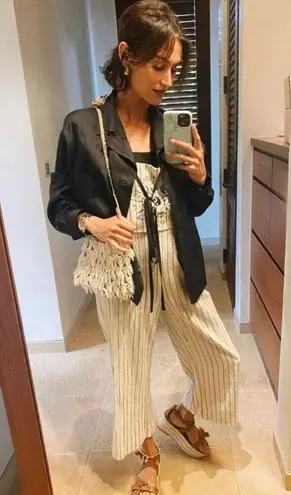 DANNIJO Wide Leg Embroidered Yin Yang Zodiac Cropped Cotton Overalls Jumpsuit Black