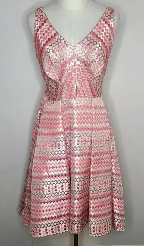 Eva Franco Fit & Flare Asymmetrical Cocktail Dress Pink Geometric Jaquard 6
