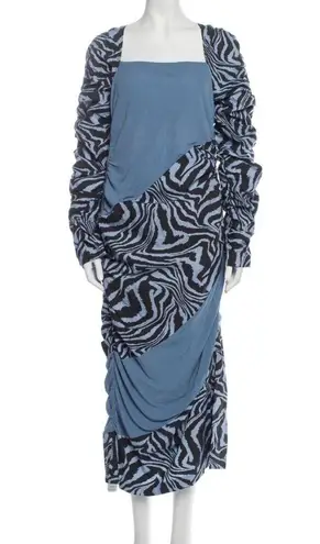 Ganni Ahluwalia X Collab Midi Dress Blue Ruched Animal Print Zebra Stripes 44 XL