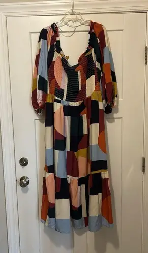 Eloquii New Eloquiii Abstract Long Sleeve Smocked Square Neck Ruffle Maxi Dress Size 26
