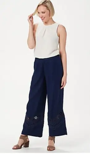 Susan Graver Linen Blend Ankle Pants Crochet Detail Navy Blue Size 12