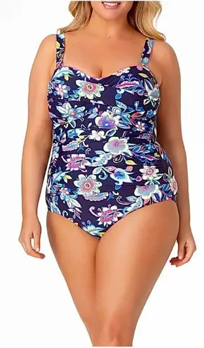 Anne cole New. Navy floral bandeau swimsuit. 16W