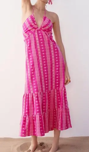 ZARA  maxi dress embroidered Barbie pink halter CUTWORK OPEN BACK MIDI SUMMER