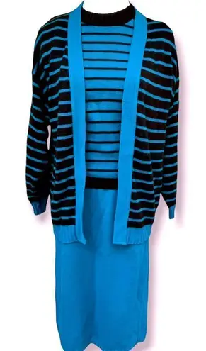 Vintage 3 piece sweater skirt set teal black stripe small Blue Size 6