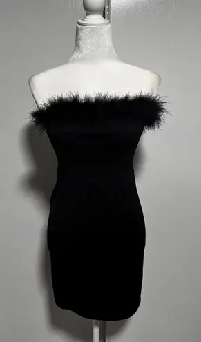 Vintage Deadstock Madrag Black Tube Dress Feather Trim Strapless Mini Party Med