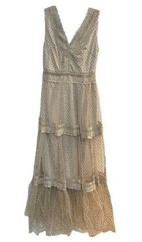 CHOKLATE Paris Dotted Tulle Maxi Dress Cream/Black Ruffle Sleeve Tier Size Small