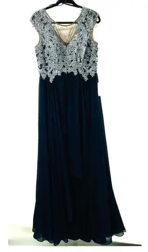 XScape NEW Navy Lace Chiffon Illusion Cap Sleeve Formal Evening Gown 12 Large