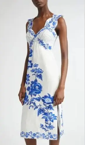 Farm Rio Floral Cascade Wavy Euroflax Premium Linen Midi Dress,Large,$280