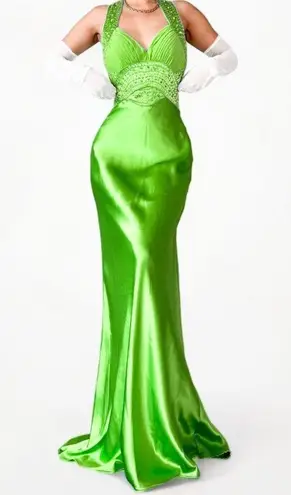 Neon Green Beaded Satin Maxi Bodycon Formal Prom Dress Size S