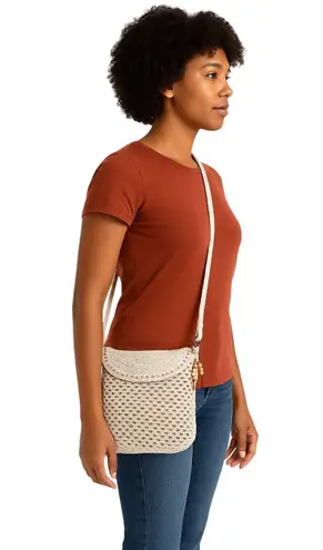 The Sak Crochet Crossbody Bag Beige with Pink Accents – Boho Mesh Flap Purse