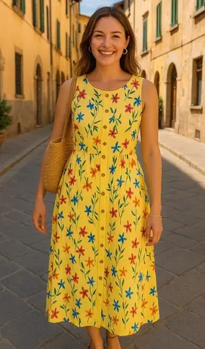 Cottagecore 90s Maxi Dress Floral BFA Classic Lightweight Spring Easter Vintage Yellow Size XL