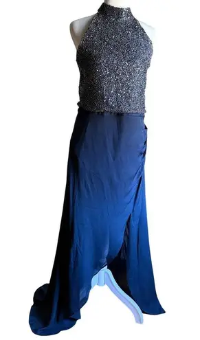 Haute Hippie | Navy Blue Beaded Silk High Neck wrap Skirt Gown Halter | Size 12