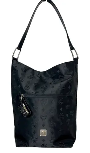 MCM Germany Large Black Canvas Leather Tote Bucket Bag Silver Hardware Women’s