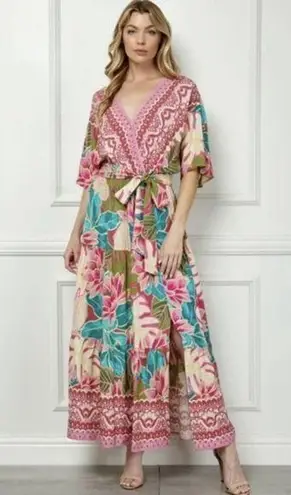 Fig & Flower Boho Floral V Neck Tiered Maxi Dress Size Small Red