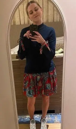 La Double J Blue Floral Long Sleeve Crewneck Tie Sleeves Sporty Dress Size Small