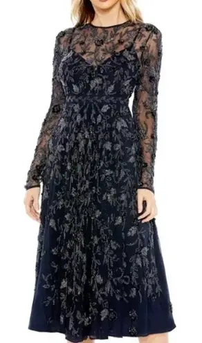 Mac Duggal 10799 Navy Beaded Illusion High Neck Long Sleeve A Line Dress 4 NWT