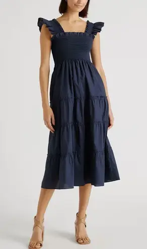 Quince NWT Smocked Midi Dress Navy Women's Size S (100% Organic Cotton)