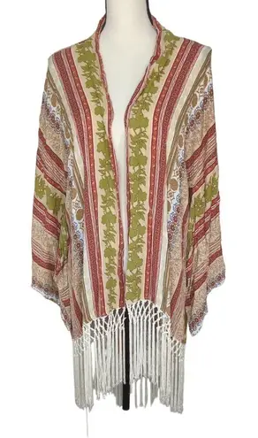 Hippie Love Womens Kimono Multicolored Printed Fringe S
