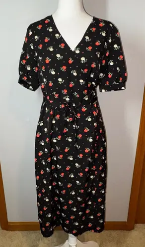 Commense Floral Midi Dress Short Sleeve Wrap Style Black Red Flowers M Size M - Image 1