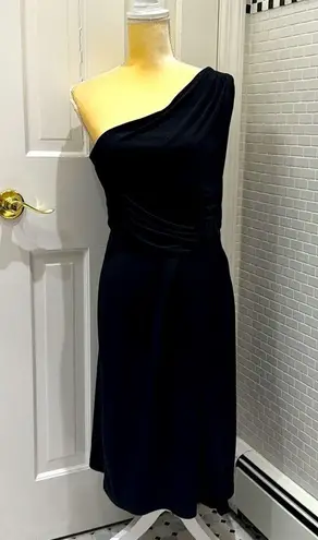 Connected Apparel black one shoulder faux wrap dress. Poly/Spandex. Size 10.