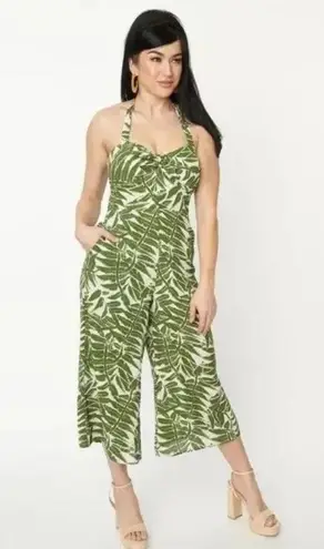 Unique Vintage Green Tropical Leaf Print Halter Jumpsuit NWT | 5XL |