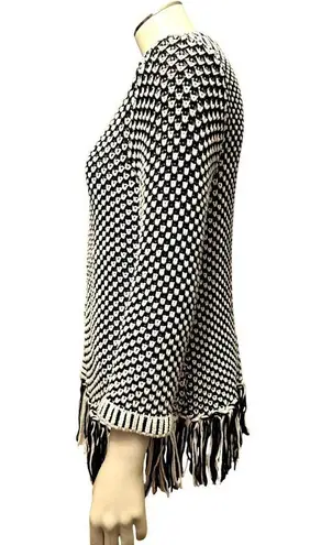 Chico's Black White Fringed Open Front Knit Cardigan Sweater 3/4 Sleeves Size 1