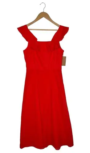 New Cremieux Dress Womens 4 Midi Smocked Back Ruffle Shoulder Summer Red Coastal