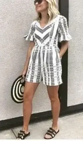 Anthropologie  Ett:twa Striped Eyelet Romper Short Sleeve White Gray Blue 10