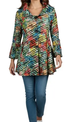 Share Damee Tunic Size Small Blue Black Semi Sheer Ruffle Sleeve Button Front Ab