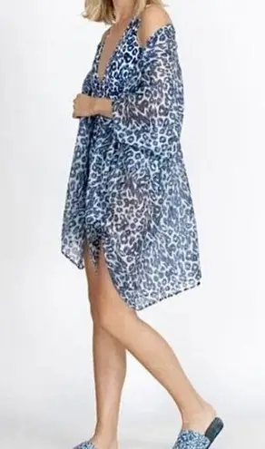 Johnny Was Calme Kimono Blue Cheetah Print Cover Up Silk Blend Sz S/M NWT