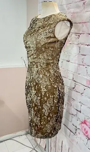 Sue Wong Women's Laced Cap Sleeve Sheath Cocktail Party Dress Gold Size 4