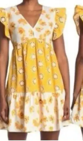 MELLODAY Floral Yellow & White Tiered Dress Square Neck & Ruffled Boho flowy L
