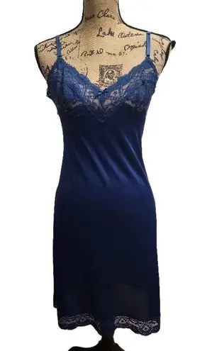 Vassarette Slip Dress Womens Navy Blue Lace V Neck Adjustable Strap Romantic