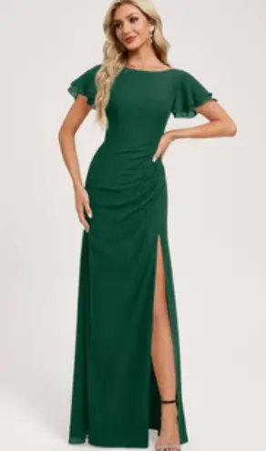 JJ's House A-line Boat Neck Floor-Length Chiffon Bridesmaid Dress With Ruffle #301743