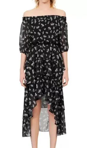 Maje Floral Off Shoulder Hi Low Black White Asymmetrical Midi Dress US M l FR 38