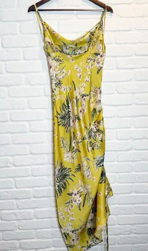Mable Asymmetrical Yellow Floral Midi Dress Cinch Slit Cowl Neck Tropical Small